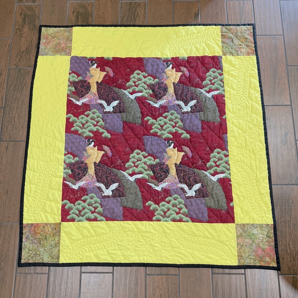 Japanese Inspired Geisha Patchwork Quilt w/ Cranes Bonsai Trees‎ 61” X 65”